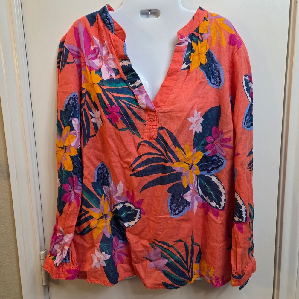 Old Navy Womens Medium Coral Tropical Floral Linen Blend Split Neck Blouse Top